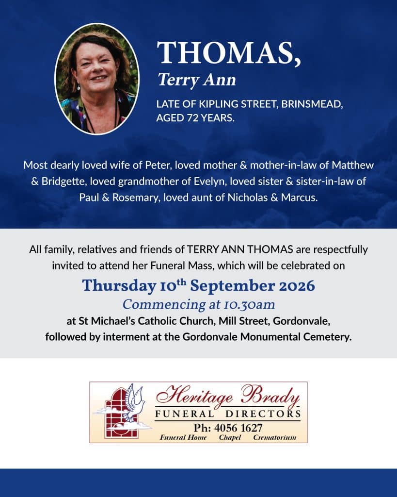 Funeral program header featuring an oval photo of a smiling woman on the left and the name 'thomas, terry ann' with service details on a blue cloudy background.