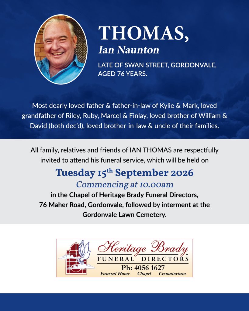 Funeral notice banner featuring a circular portrait of thomas ian naunton on the left and white text on a blue background announcing his passing and funeral details.