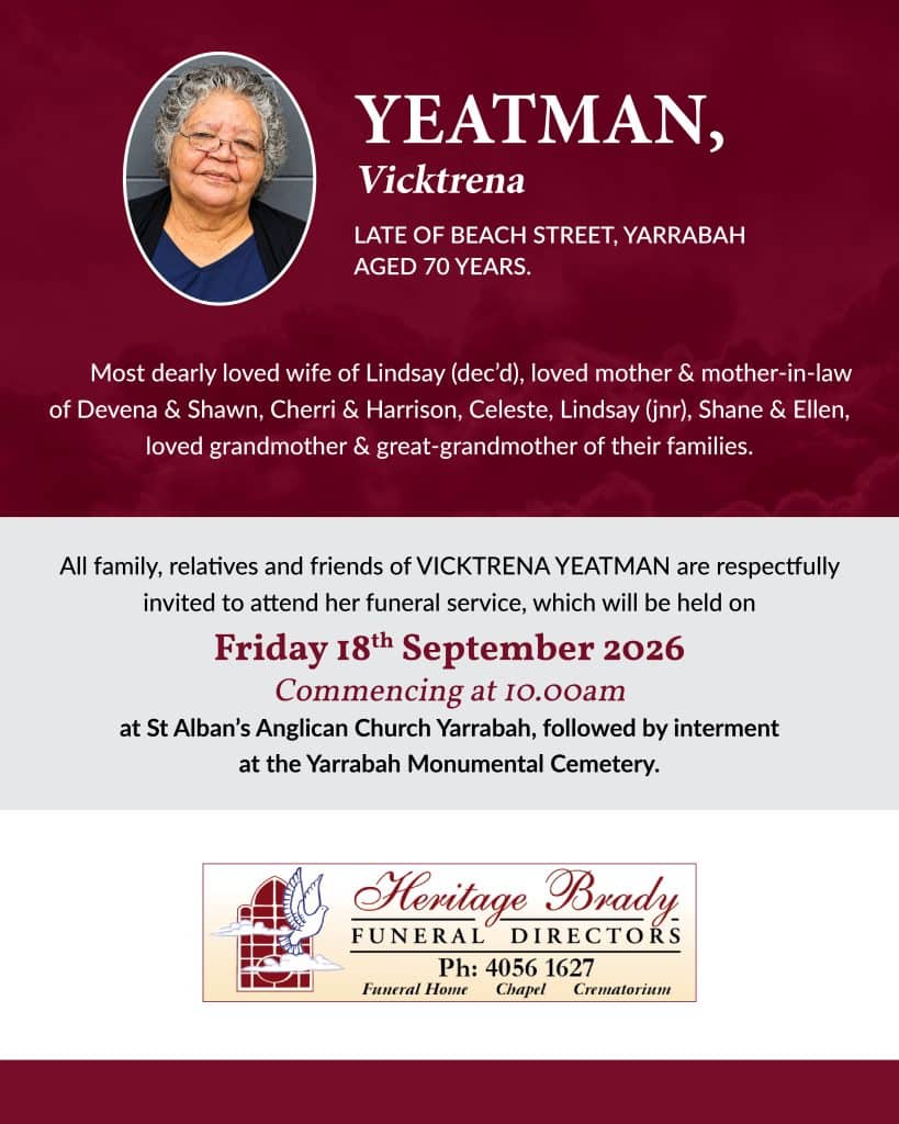 Memorial flyer for vicktrena yeatman with her photo and funeral details on a maroon background.
