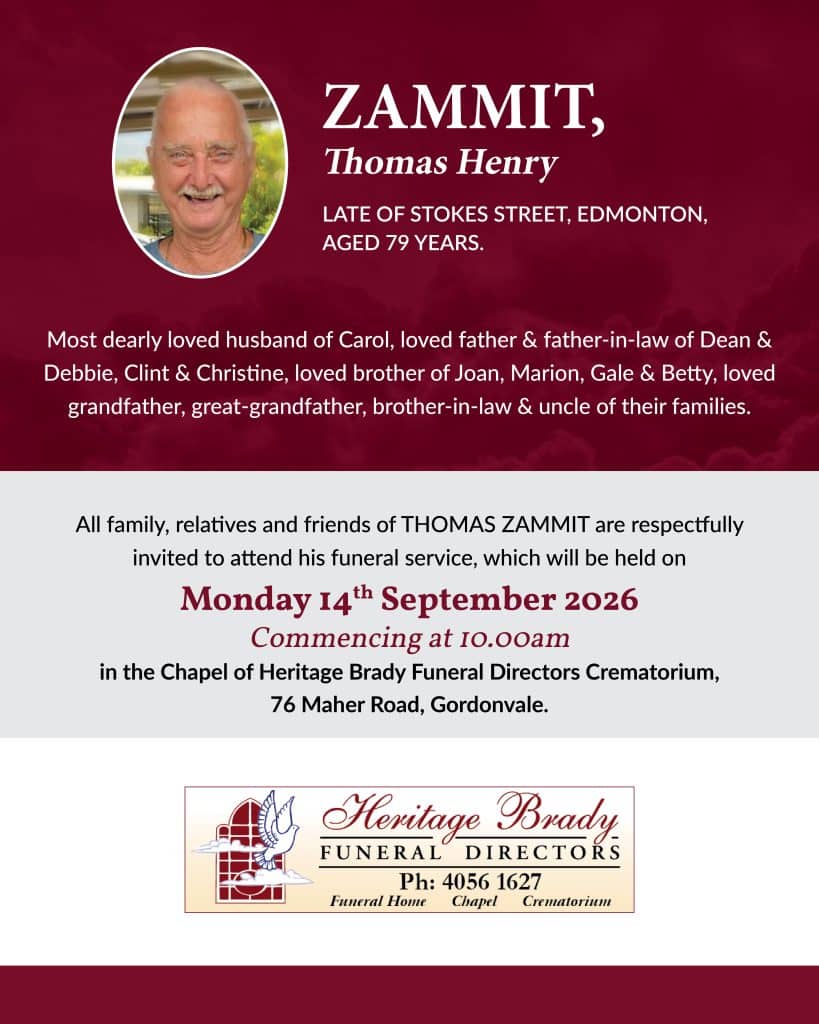 Obituary banner featuring an oval portrait of thomas henry zammit on a burgundy background with his name and funeral details beside the photo.